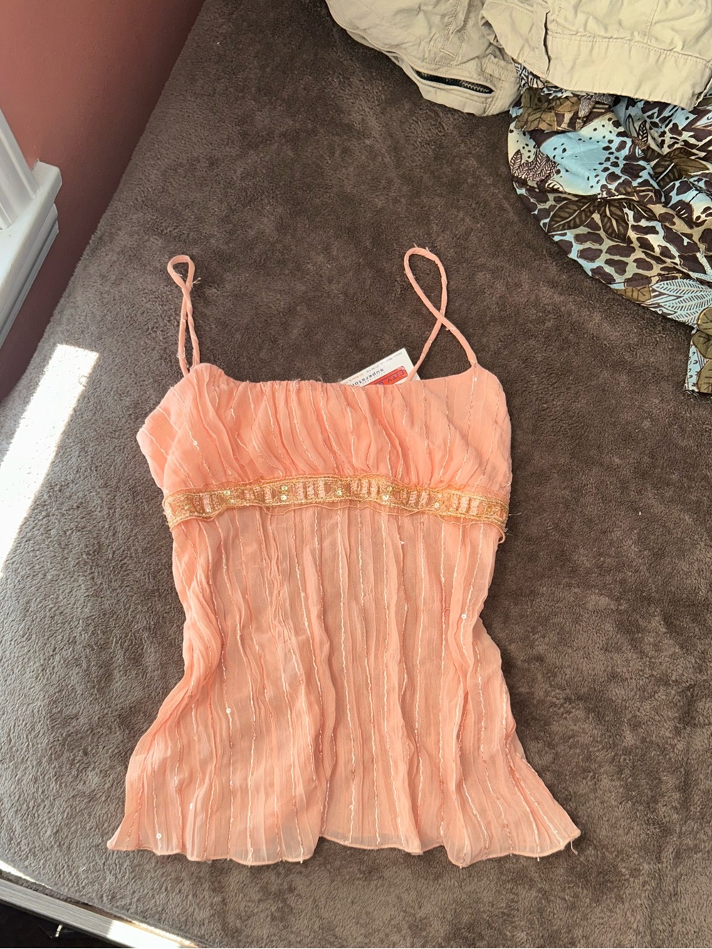 NWT Y2K Zoompy USA Peach Pleated Camisole with Gold Accent